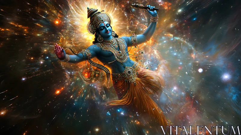 Celestial blue deity dances amid swirling cosmic starlight