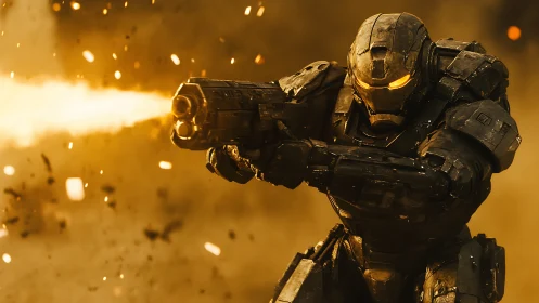 Armored sci fi warrior unleashes glowing cannon blast