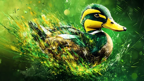 Exploding green duck illustration bursts with kinetic motion.