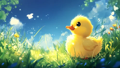 Sunlit duckling daydream in luminous spring meadow.