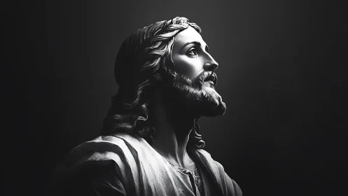 Monochrome devotional portrait rendered in high-contrast chiaroscuro