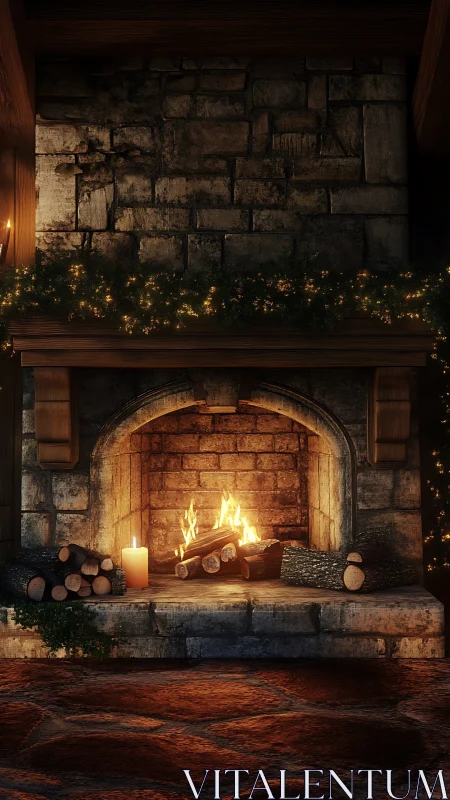 Stone fireplace with candle, logs and warm fire glow.