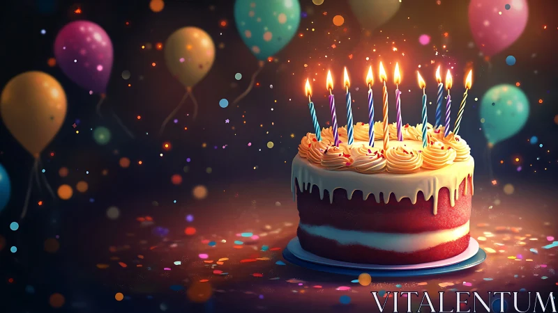 Layered Birthday Cake with Lit Candles Surrounded by Balloons