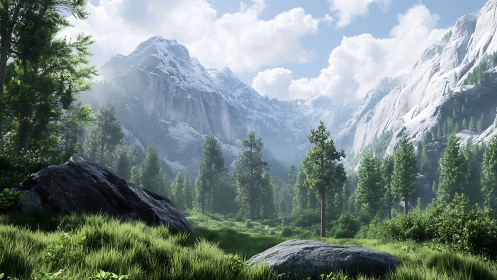 Sunlit alpine valley framed by snow-covered granite peaks