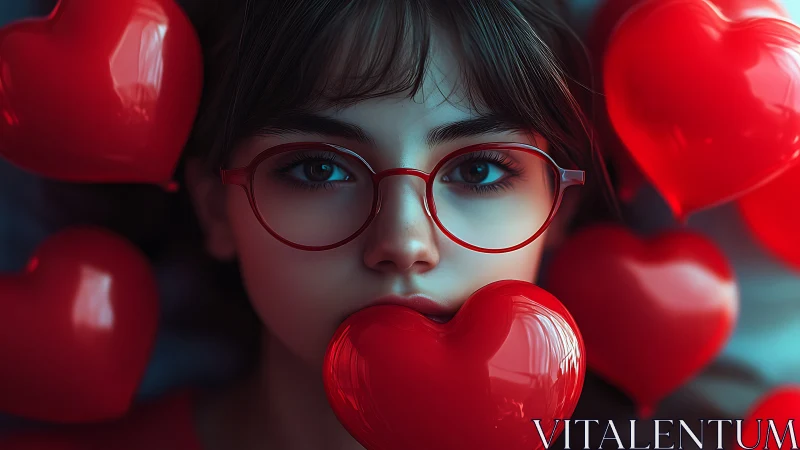 Portrait of Young Figure Surrounded by Glowing Red Heart Balloons