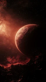 Crimson exoplanet over molten horizon in deep space.