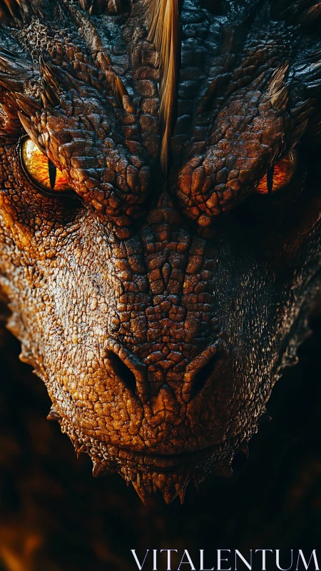 Fiery dragon close-up reveals molten eyes and scales.