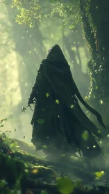 Cloaked forest wraith walks through misty emerald light