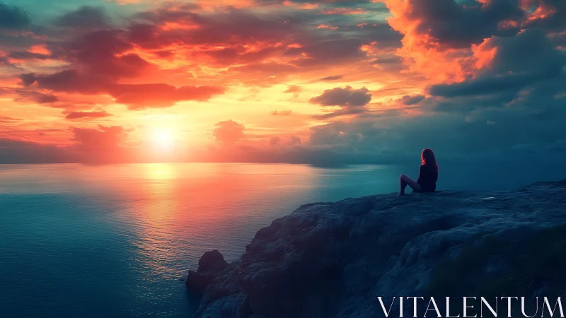 Solitary dreamer on a flame-washed ocean horizon at dusk.