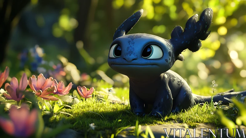 Bioluminescent hatchling dragon in shallow depth-of-field glade.