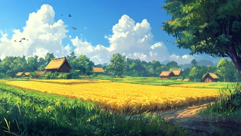Sunlit agrarian landscape with stylized atmospheric depth field.