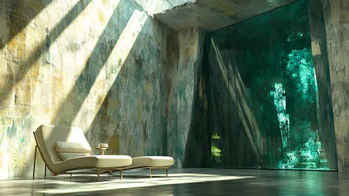 Sunlit minimalist lounge contrasts with emerald textured wall