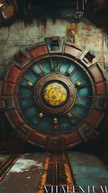 Heavily weathered circular vault door with radial locking segments