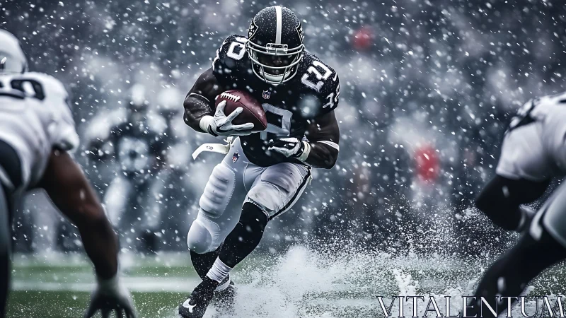 Running back sprinting through heavy snowfall on wet turf field