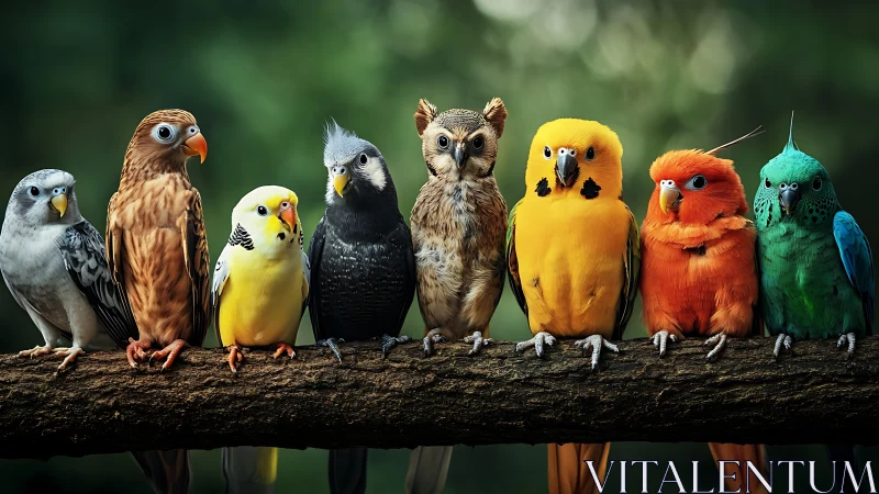 Vibrant Array of Exotic Birds Perched on a Branch, Photorealistic Style.