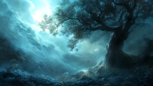 Moonlit fantasy tree over misty enchanted valley night.