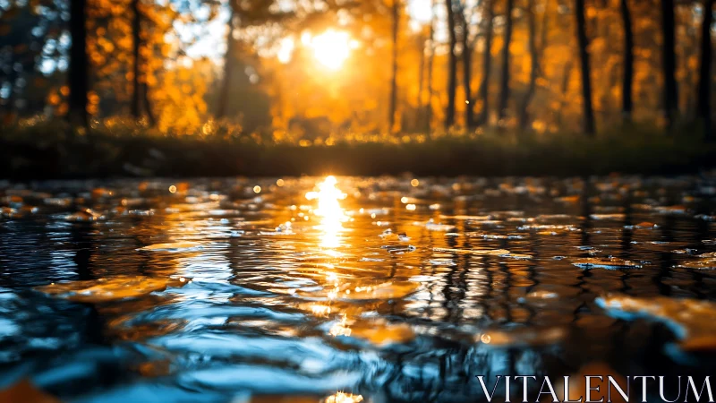 Autumn forest pond at sunset with glowing reflections.