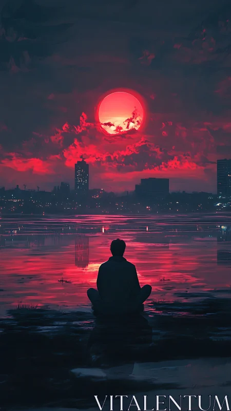 Solitary silhouette observing hyper-saturated crimson eclipse.