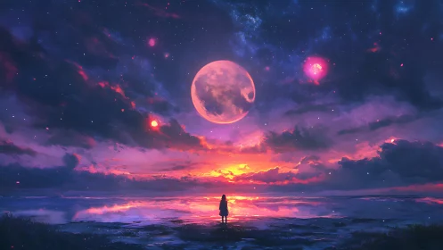 Night sky opens gently as a lone dreamer greets the moon