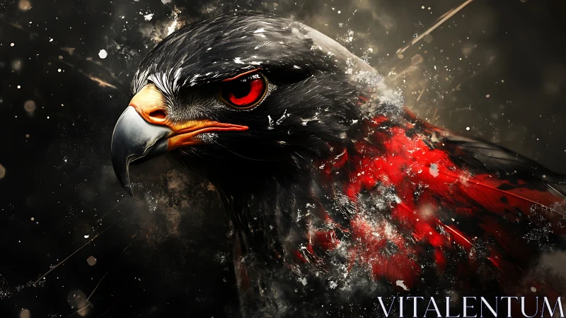 Fierce Hawk Portrait in Abstract Digital Art with Red Accents.