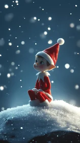 Snowy hilltop elf quietly counts the first winter stars