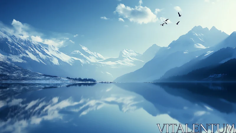 Glacial mountain lake with mirror-smooth reflections and aerial birds