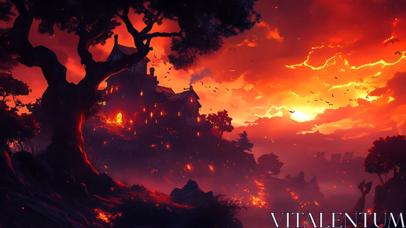 Haunted Castle Ablaze Against Apocalyptic Sunset.