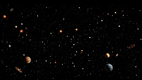 Star-salted cosmos with wandering planets and quiet worlds.