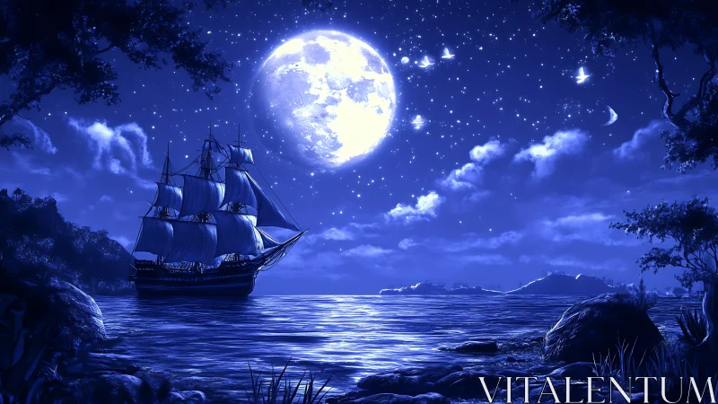 Moonlit tall ship gliding across luminous indigo seascape.