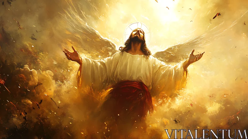 Radiant angelic figure rising through golden clouds of light.