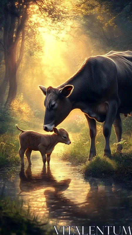 Cow and calf stand in golden forest stream light beams.