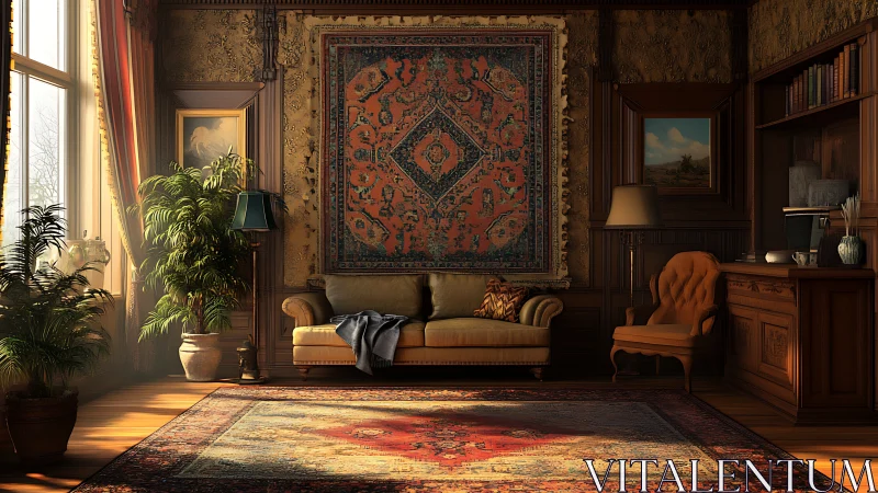 Living room shows large wall rug, sofa, desk, and plants