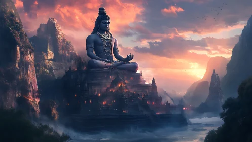 Colossal meditative deity statue above temple complex at dusk.