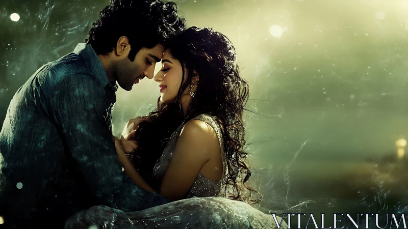 Couple in Rain: Intimate Portrait with Atmospheric Effects.