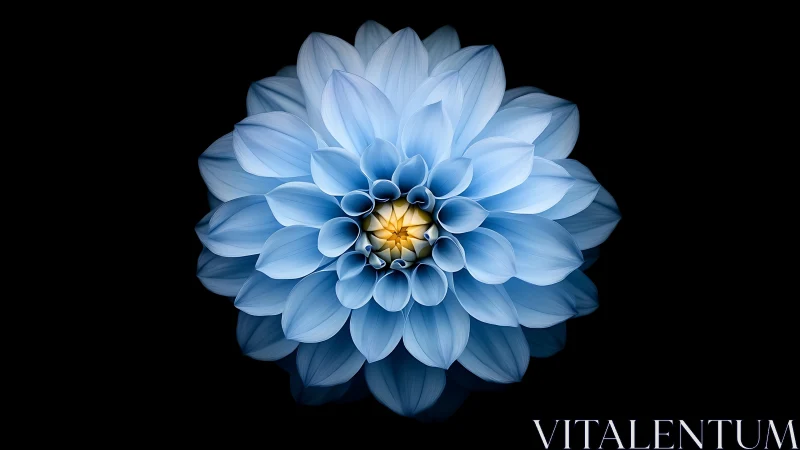 Blue Dahlia with Golden Center Against Black Background.