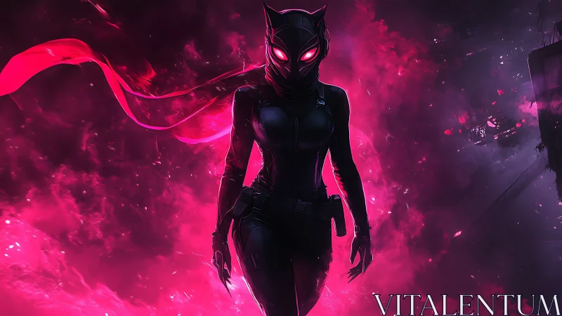 Neon cat-eyed vigilante strides through electric crimson dusk.