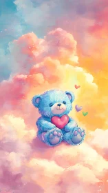 Sky-bright teddy drifts through cotton-candy clouds of love