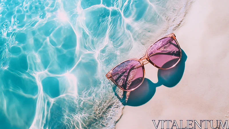 Rose tinted sunglasses resting in sunlit turquoise surf.
