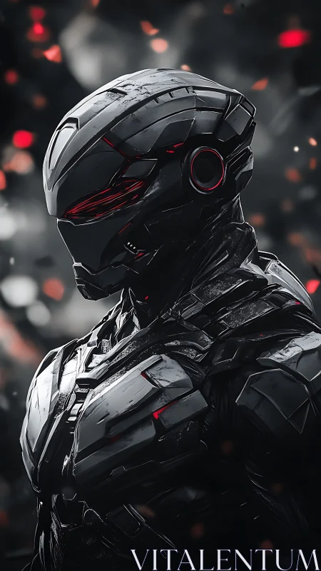 Armored humanoid figure stands in reflective black exosuit