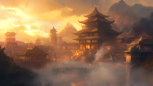 Sunlit mountain palace with tiered pagodas in dense mist.