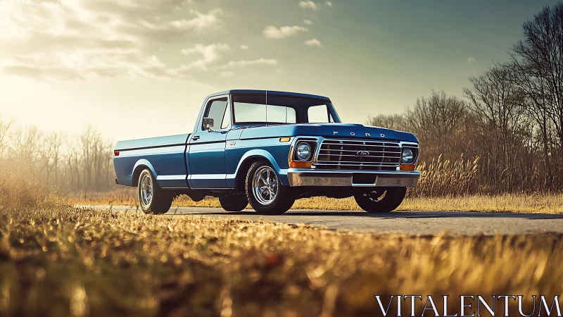 Blue vintage Ford pickup truck parked on rural roadside