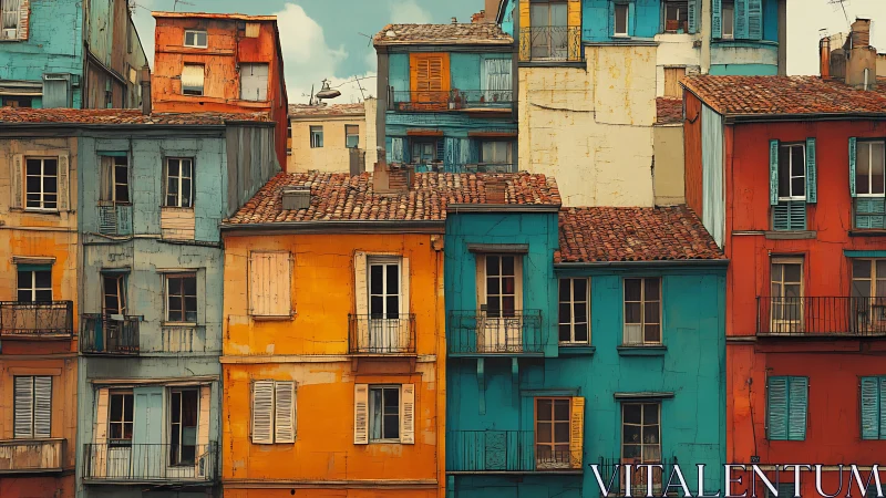 Colorful Mediterranean facades with layered urban texture.