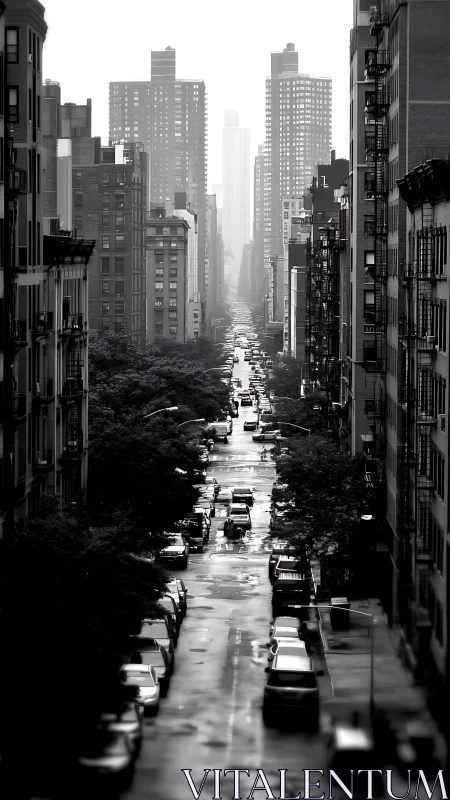 Rain-soaked city street recedes toward distant high-rise skyline