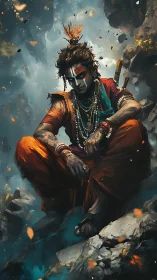 Digital painting of meditative warrior sage in mythic canyon.