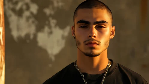 Low key portrait under warm raking light with sharp facial contrast