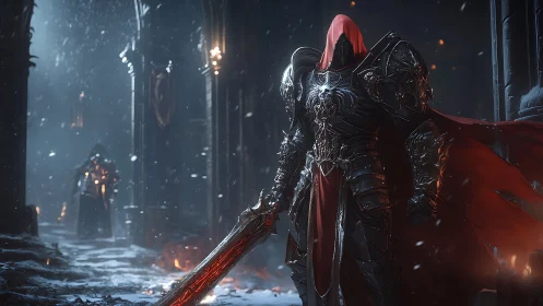 Dark armored warlord stalks a frozen, flame-lit citadel