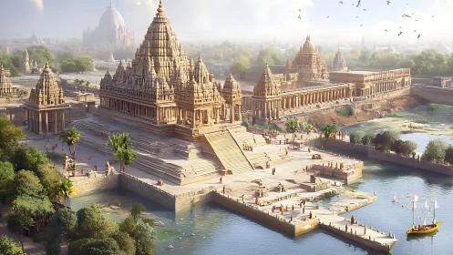 Sunlit riverside temple complex rendered in detailed digital realism