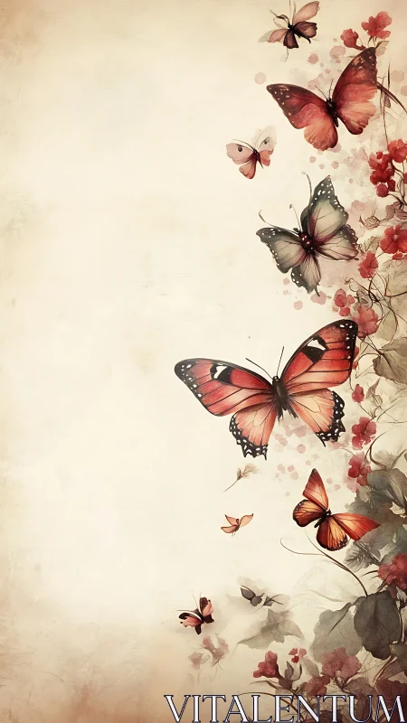 Delicate coral butterflies drifting over vintage florals.