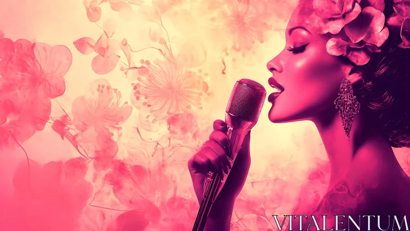 Profile view of singer with microphone and floral backdrop.