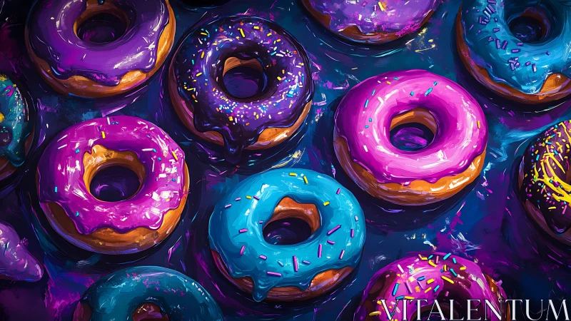 Vibrant neon glazed donuts in saturated digital brushwork.
